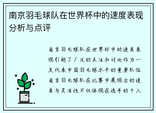 南京羽毛球队在世界杯中的速度表现分析与点评